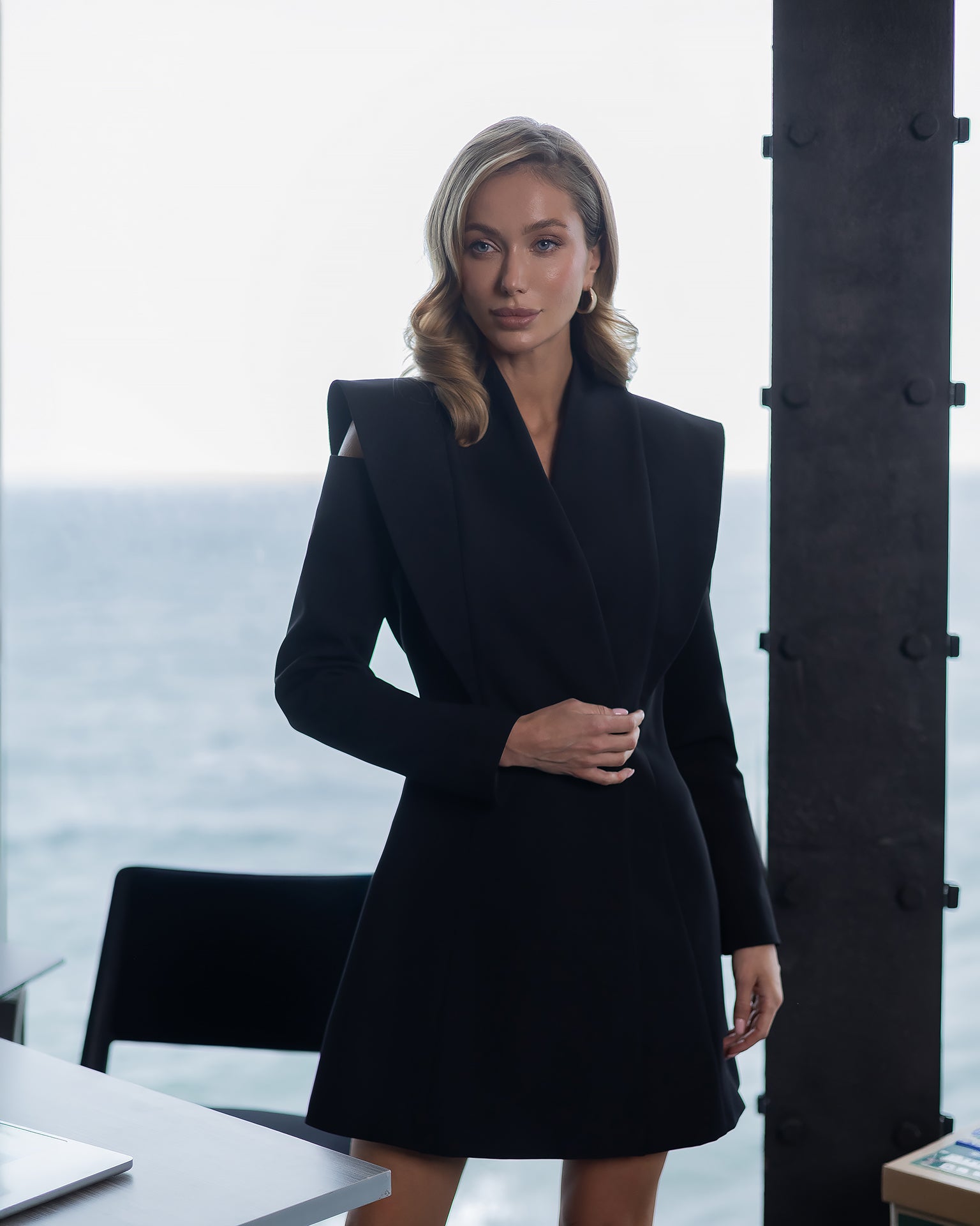 ELAGIA Elara Black Cut-Out Double-Breasted Blazer Dress front view - 3 piece women's suit purple business suit women