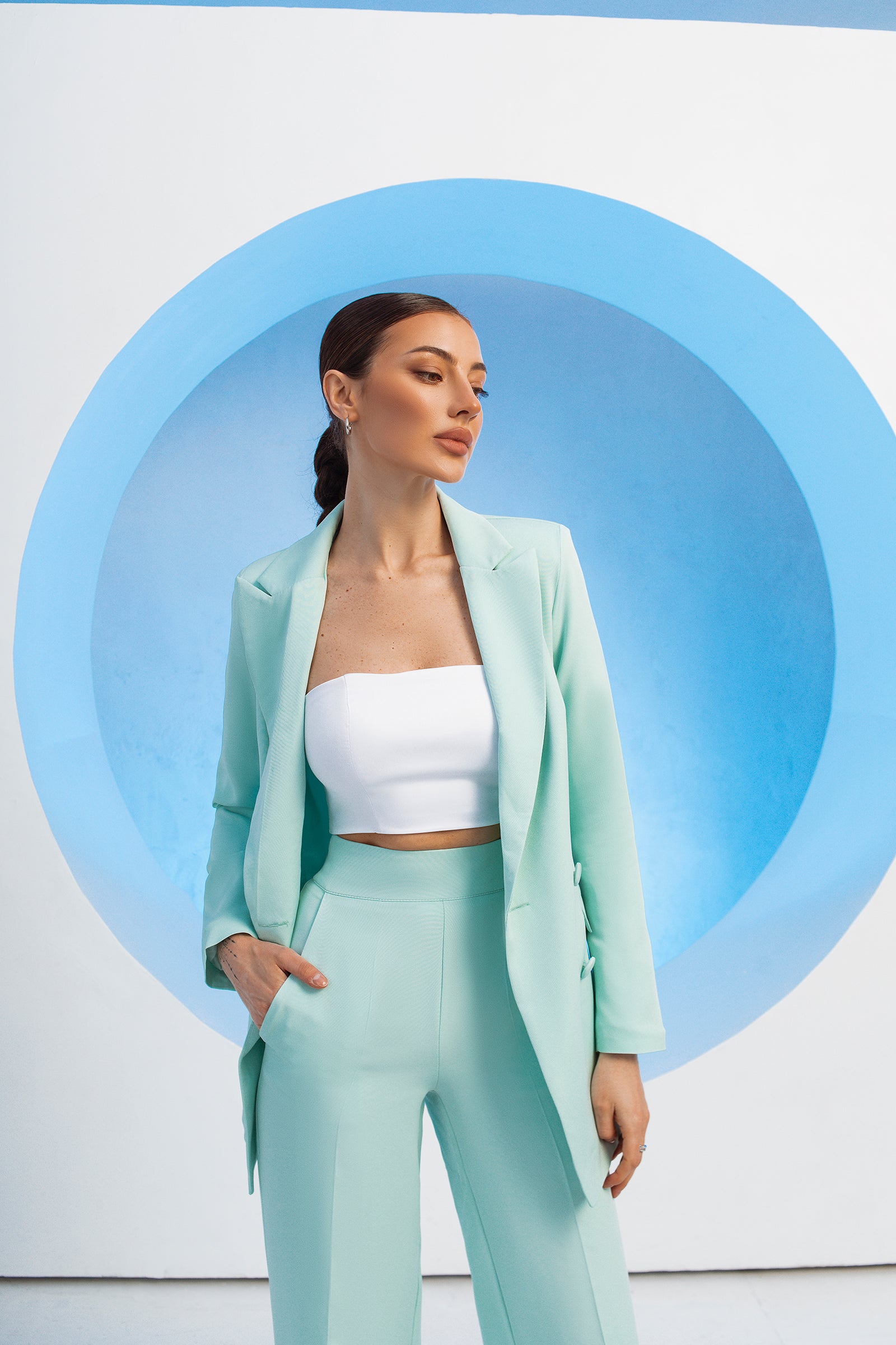 Tiffany-Blue Belted Double Breasted Suit 2-Piece