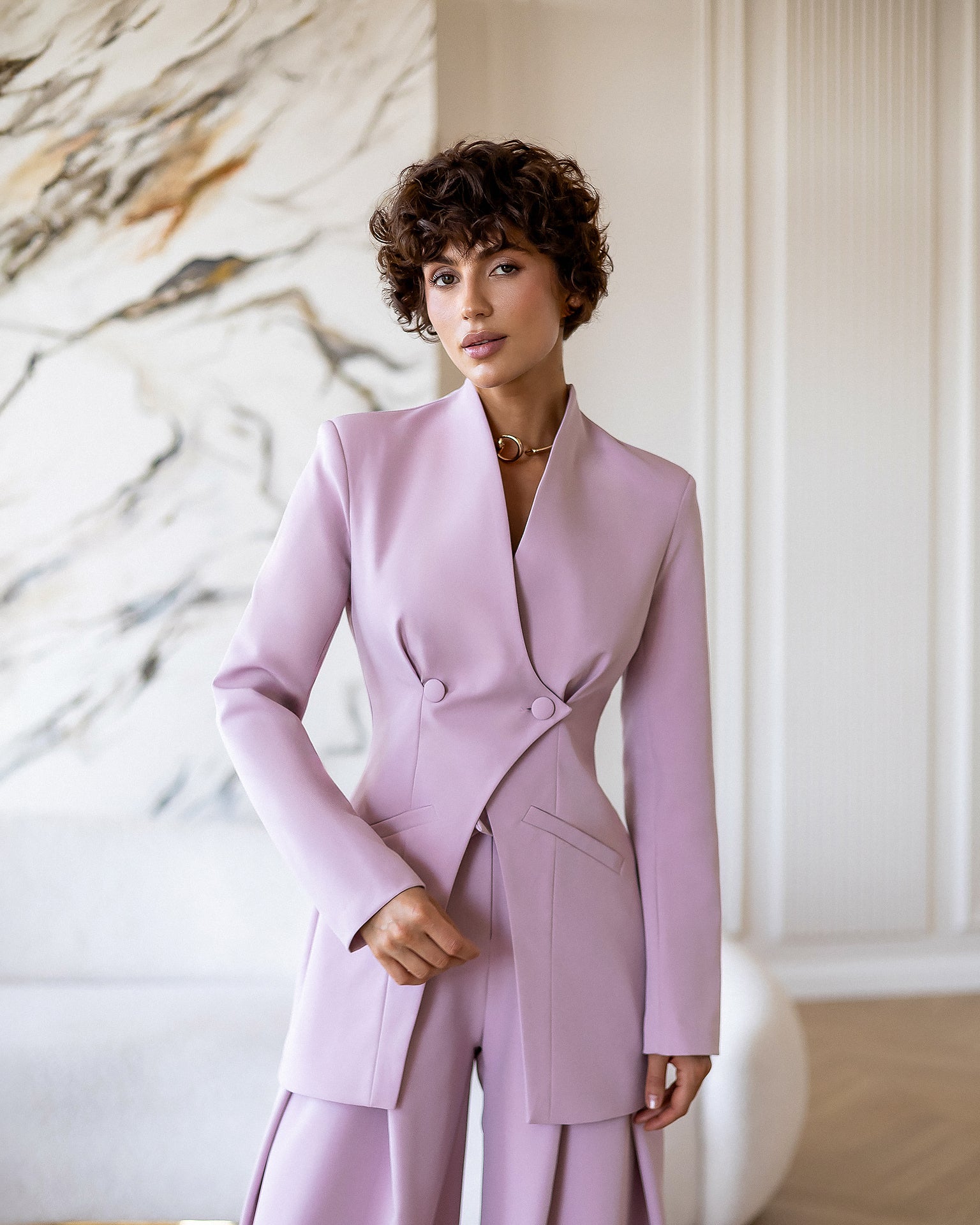 ELAGIA Avra dusty-pink asymmetric double-breasted longline blazer suit 2-piece front view - 3 piece women's suit