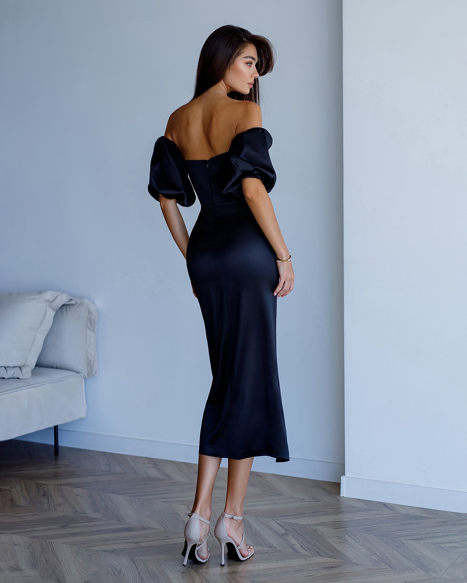 Black Satin Puff-Sleeve Midi Dress