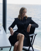 ELAGIA Elara Black Cut-Out Double-Breasted Blazer Dress front view - 3 piece women's suit purple business suit women