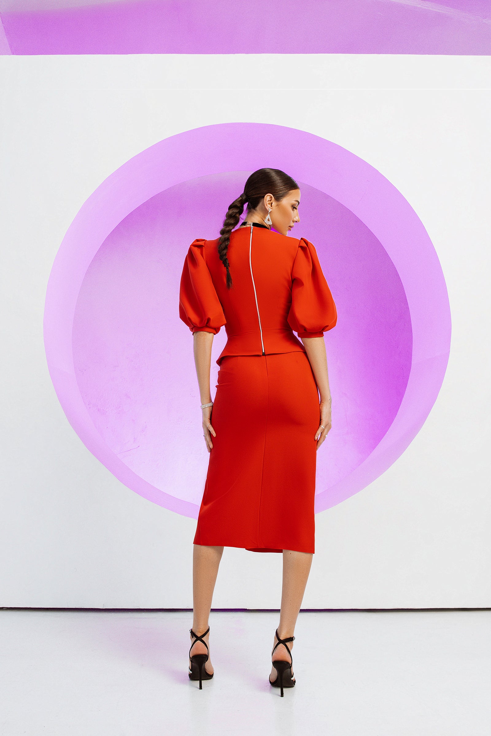 Red Puff-Sleeve Top & Midi Skirt 2-Piece Set