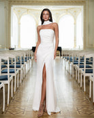 White Strapless Neck Scarf Draped Maxi – Crepe corseted silhouette, front view