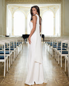 White Strapless Neck Scarf Draped Maxi – Crepe corseted back, rear view