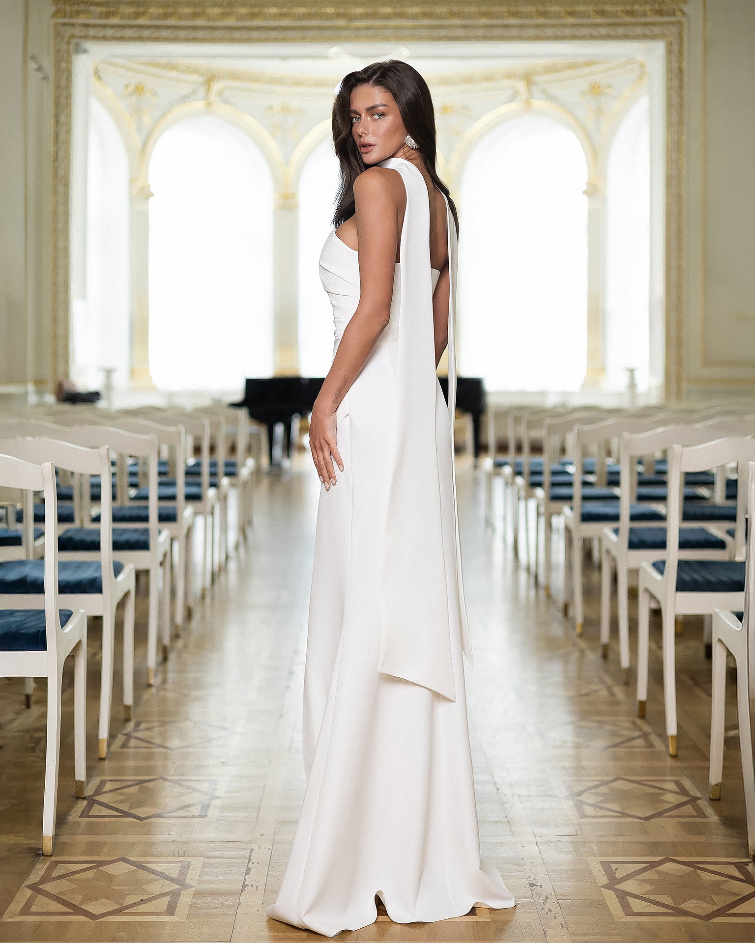 White Strapless Neck Scarf Draped Maxi – Crepe corseted back, rear view