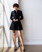 ELAGIA Eva Black Collared Long-Sleeve Mini Dress front view - 3 piece women's suit purple business suit women style
