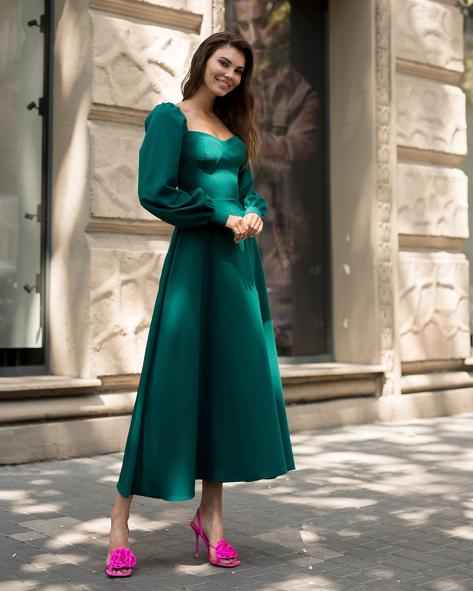 Emerald Puff-Sleeve Midi Dress