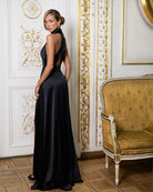 Black Satin High-Neck Keyhole Halter Maxi – low back detail, rear view