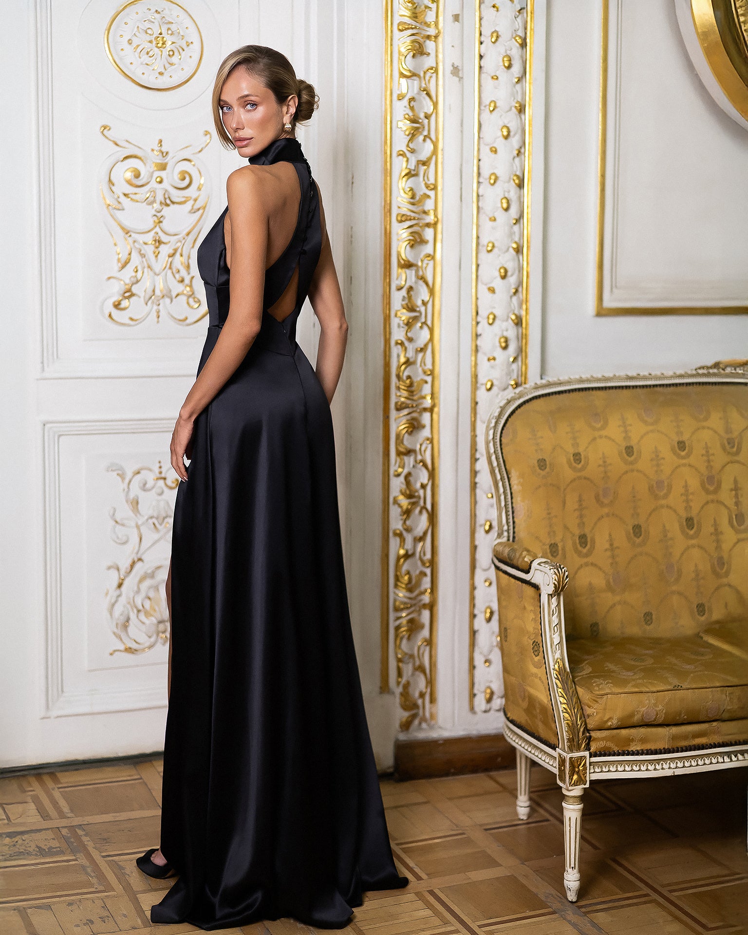 Black Satin High-Neck Keyhole Halter Maxi – low back detail, rear view