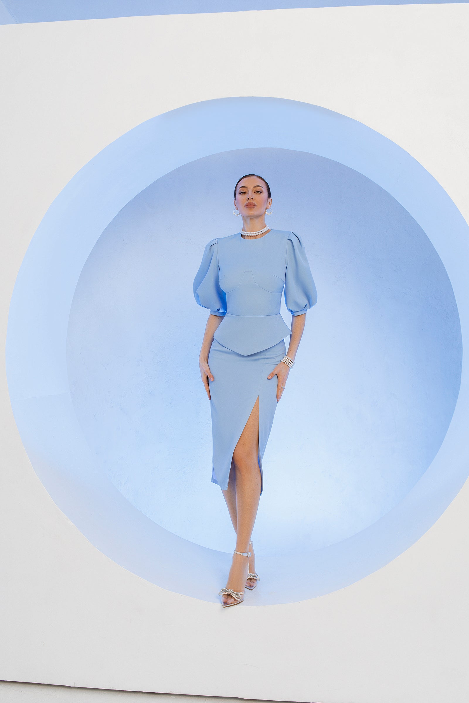 Sky-Blue Puff-Sleeve Top & Midi Skirt 2-Piece Set
