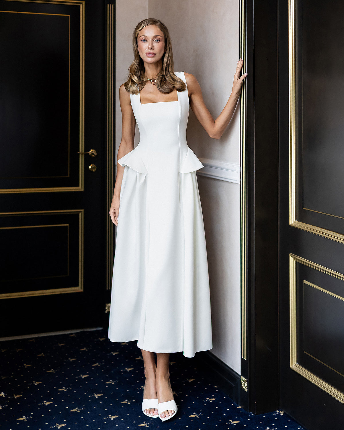 peplum midi dresses White Square-Neck Sleeveless Dress – ELAGIA Hits at mid SID-D30684 Size:6XL Sleeve Amazon Purple Lace