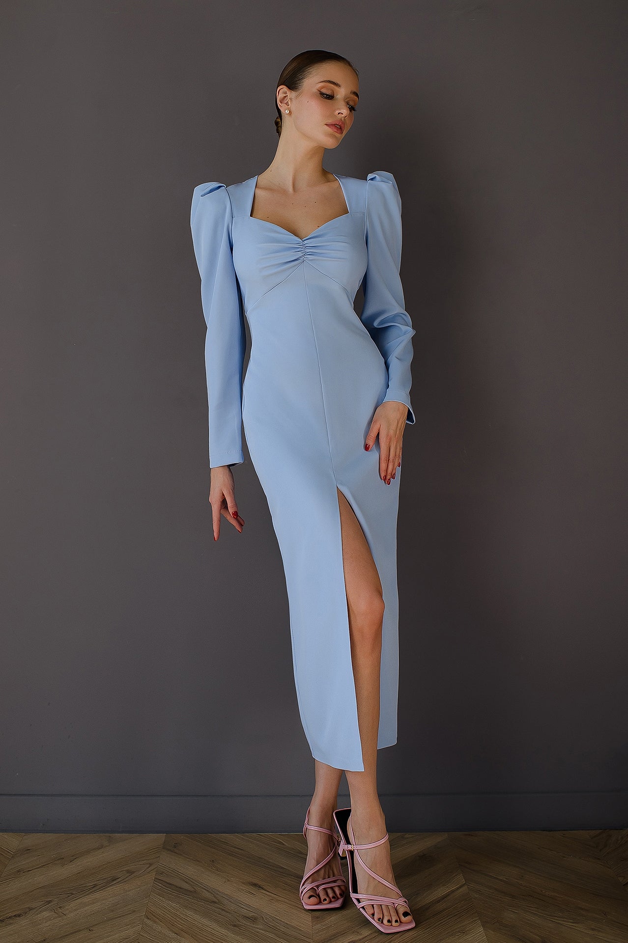Anne Sky-Blue Puff Sleeve Midi Dress