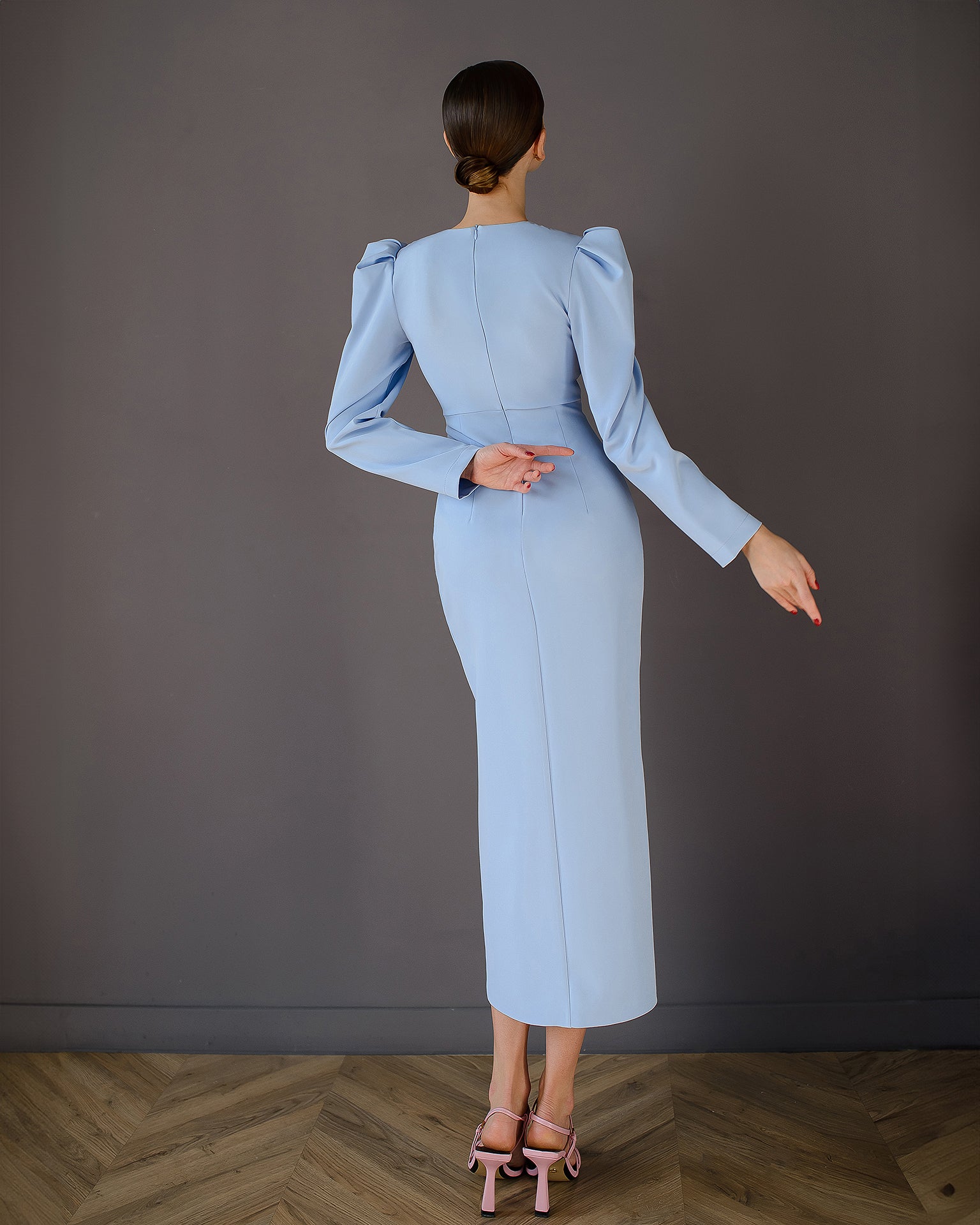 Anne Sky-Blue Puff Sleeve Midi Dress