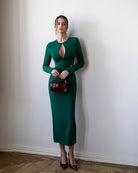 Emerald Keyhole Cut-Out Long-Sleeve Midi – Crepe, close-up of keyhole neckline cutout