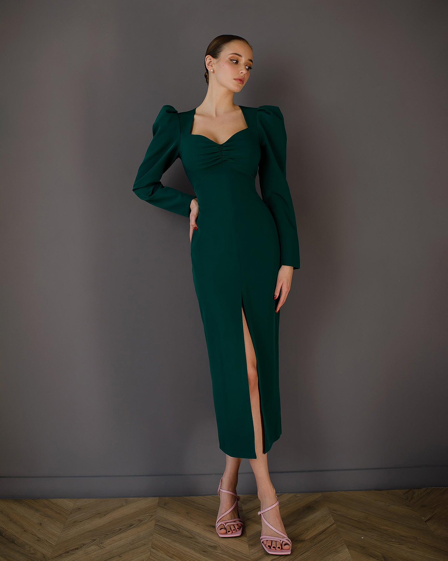 Anne Emerald Puff Sleeve Midi Dress