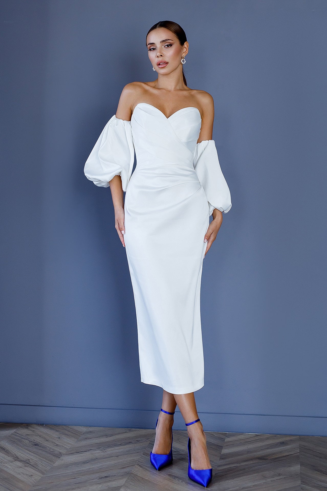 White Satin Sweetheart Puff-Sleeve Midi Dress