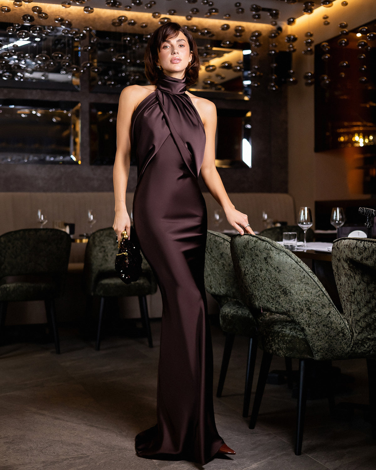 Leonora Brown Satin Halter Column Maxi Dress