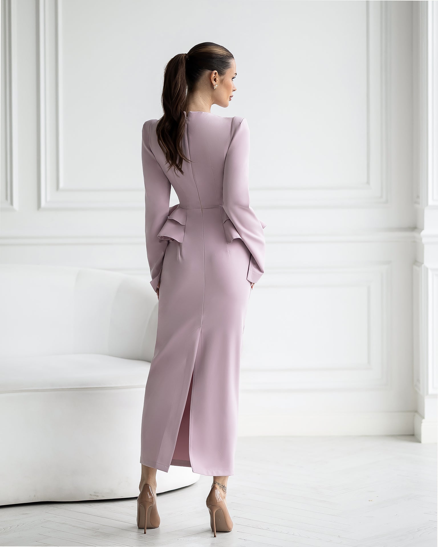 ELAGIA Paola Dusty-Pink Button-Detail Long Sleeve Peplum Midi Dress detail view - 3 piece women's suit purple business suit