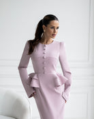 ELAGIA Paola dusty-pink button-detail long sleeve peplum midi dress front view, purple business suit women style