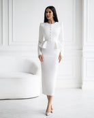 ELAGIA Paola White Button-Detail Long Sleeve Peplum Midi Dress detail view - 3 piece women's suit purple business suit women
