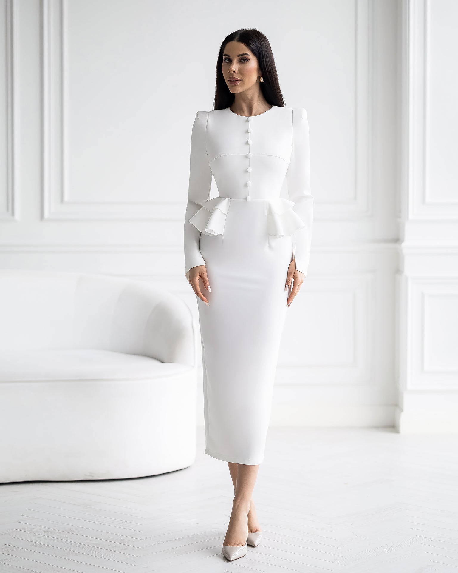 ELAGIA Paola White Button-Detail Long Sleeve Peplum Midi Dress detail view - 3 piece women's suit purple business suit women
