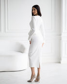 ELAGIA Paola White Button-Detail Long Sleeve Peplum Midi Dress detail view - 3 piece women's suit purple business suit women