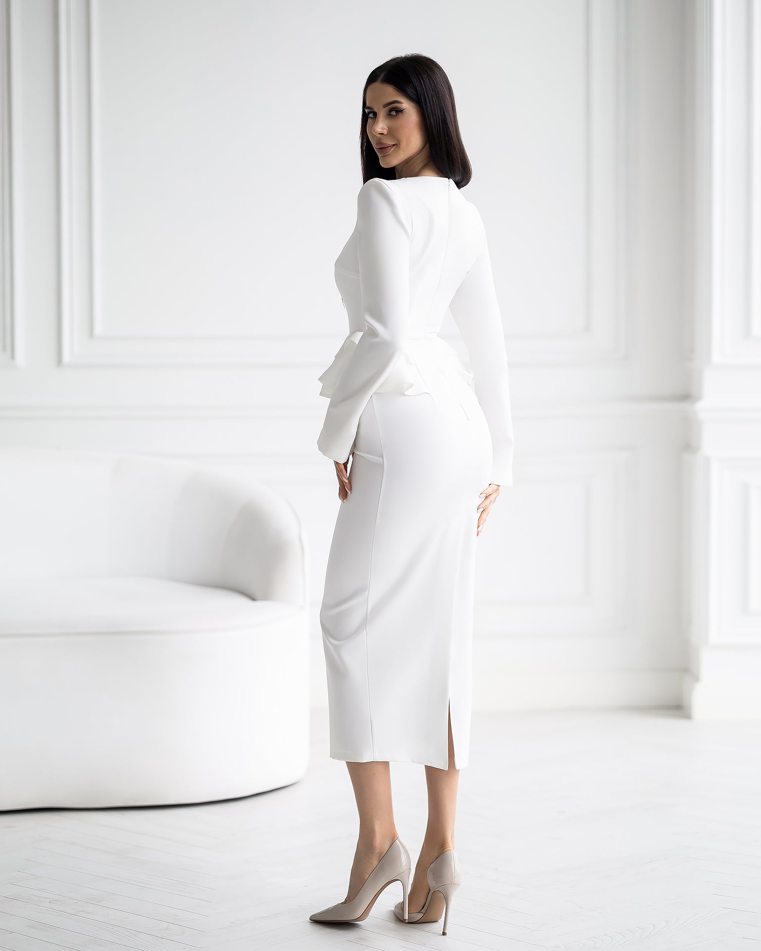 ELAGIA Paola White Button-Detail Long Sleeve Peplum Midi Dress detail view - 3 piece women's suit purple business suit women