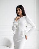 ELAGIA Paola White Button-Detail Long Sleeve Peplum Midi Dress detail view - 3 piece women's suit purple business suit women
