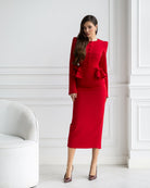 ELAGIA Paola Red Button-Detail Long Sleeve Peplum Midi Dress back view - 3 piece women's suit purple business suit women