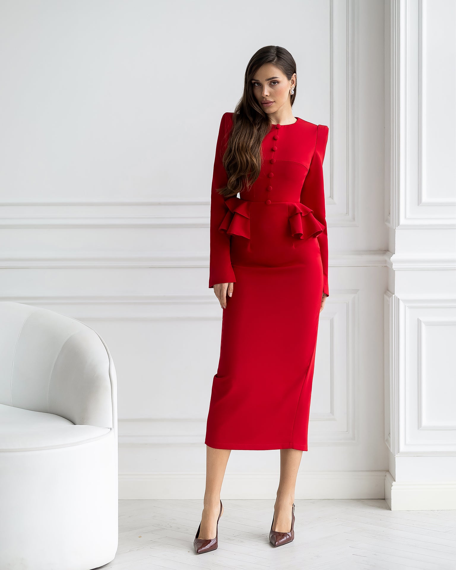 ELAGIA Paola Red Button-Detail Long Sleeve Peplum Midi Dress back view - 3 piece women's suit purple business suit women