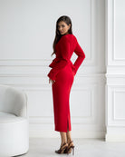 ELAGIA Paola Red Button-Detail Long Sleeve Peplum Midi Dress front view - 3 piece women's suit purple business suit women