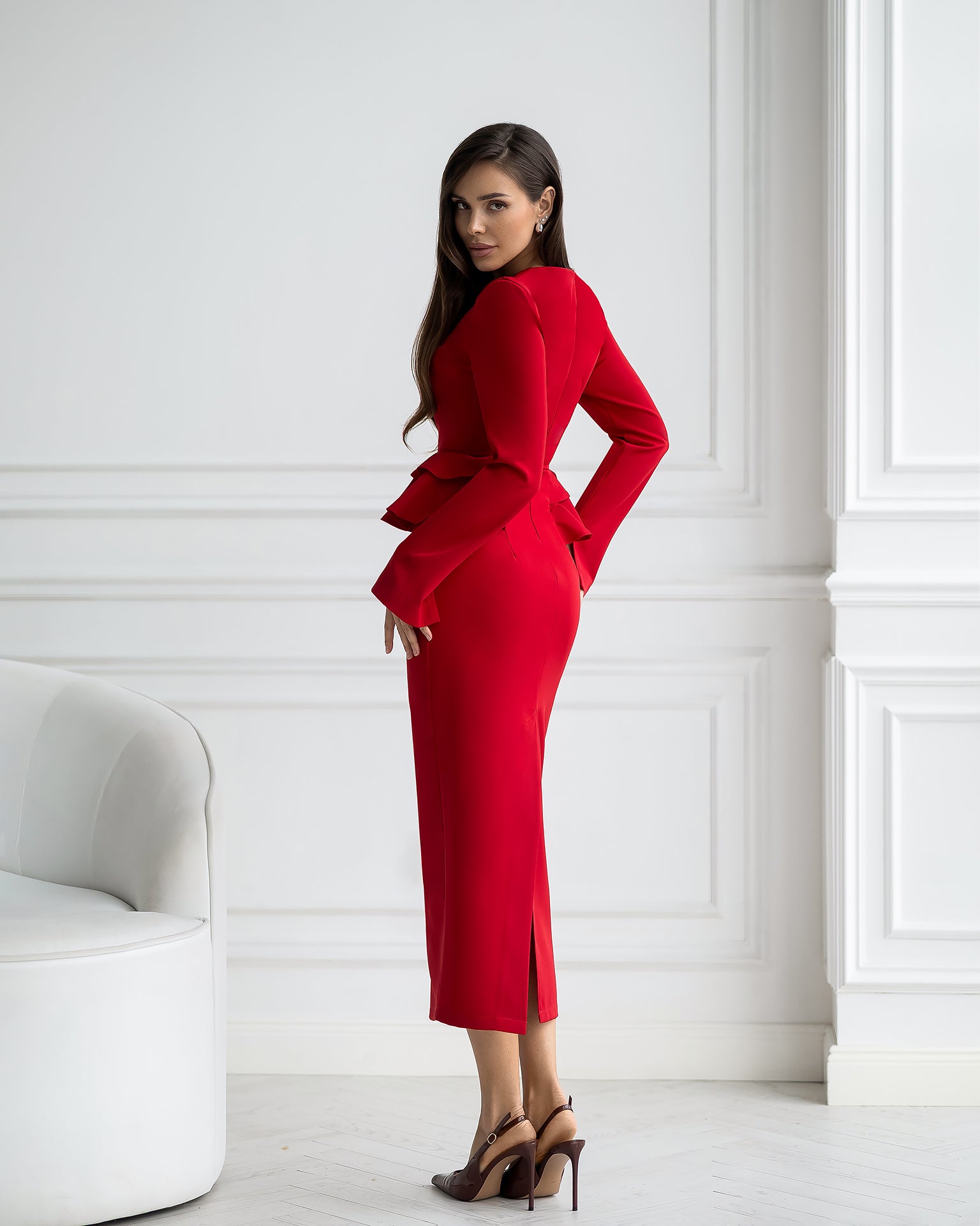 ELAGIA Paola Red Button-Detail Long Sleeve Peplum Midi Dress front view - 3 piece women's suit purple business suit women