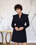 ELAGIA Elara Black Cut-Out Double-Breasted Blazer Dress front view - 3 piece women's suit purple business suit women