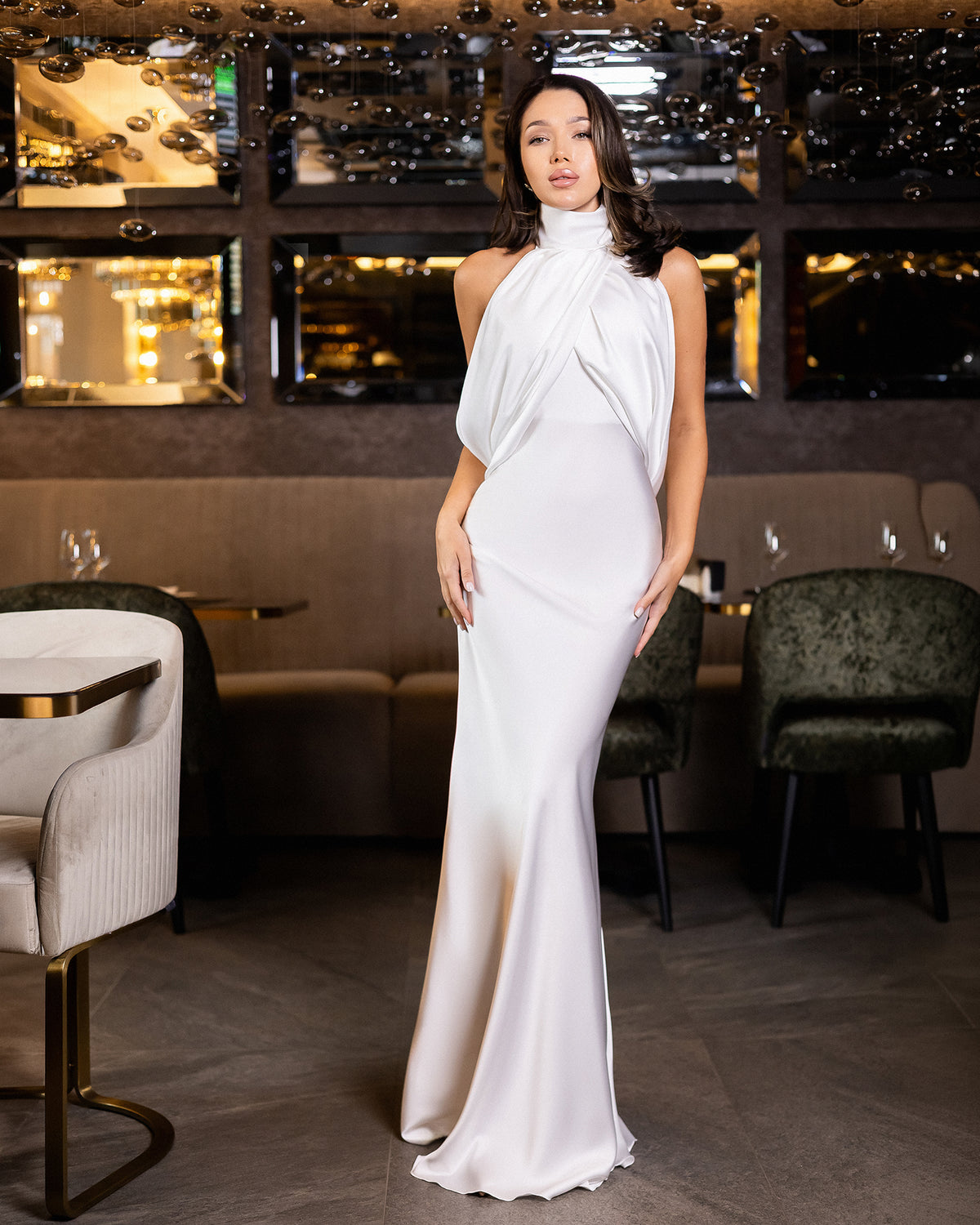 Leonora White Satin Halter Column Maxi Dress
