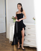 Bianca Black Asymmetric Ruffled Slip Midi Dress - front view | ELAGIA