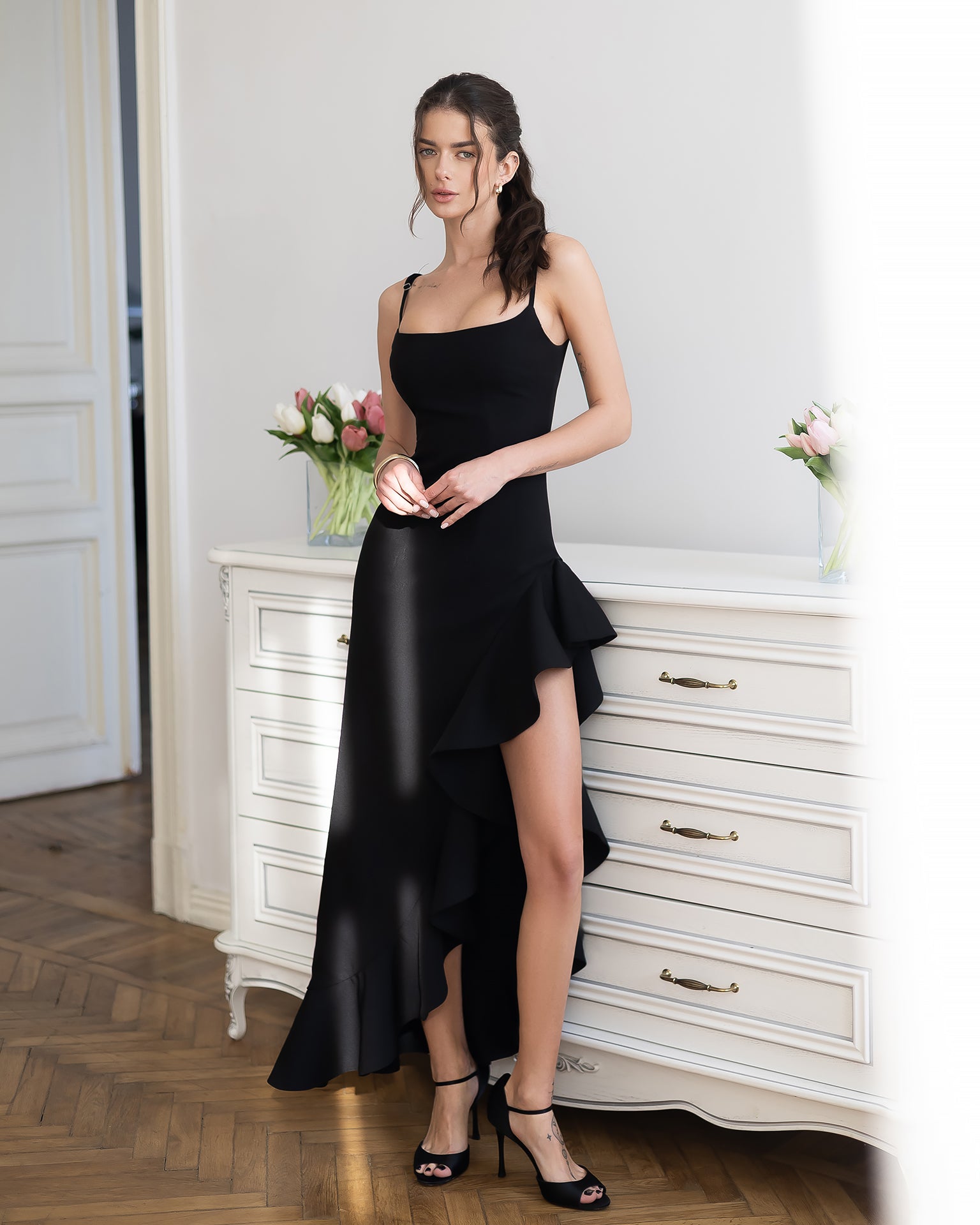 Bianca Black Asymmetric Ruffled Slip Midi Dress - front view | ELAGIA