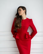 ELAGIA Paola Red Button-Detail Long Sleeve Peplum Midi Dress front view - 3 piece women's suit purple business suit women