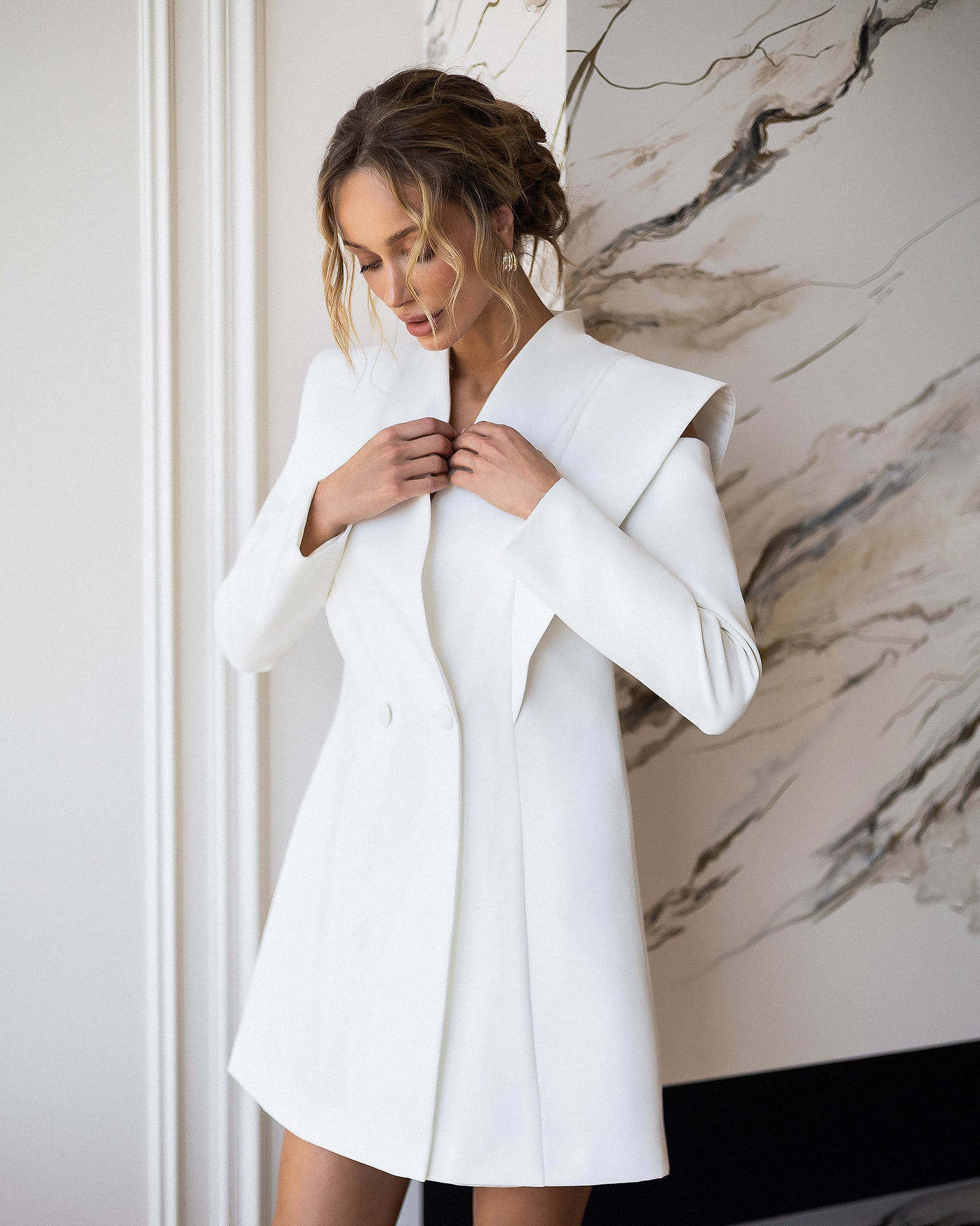 ELAGIA Elara White Cut-Out Double-Breasted Blazer Dress front view - 3 piece women's suit purple business suit women