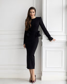 ELAGIA Paola Black Button-Detail Long Sleeve Peplum Midi Dress detail view - 3 piece women's suit purple business suit