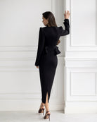 ELAGIA Paola Black Button-Detail Long Sleeve Peplum Midi Dress detail view - 3 piece women's suit purple business suit