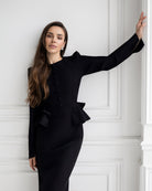 ELAGIA Paola Black Button-Detail Long Sleeve Peplum Midi Dress front view - 3 piece women's suit purple business suit women