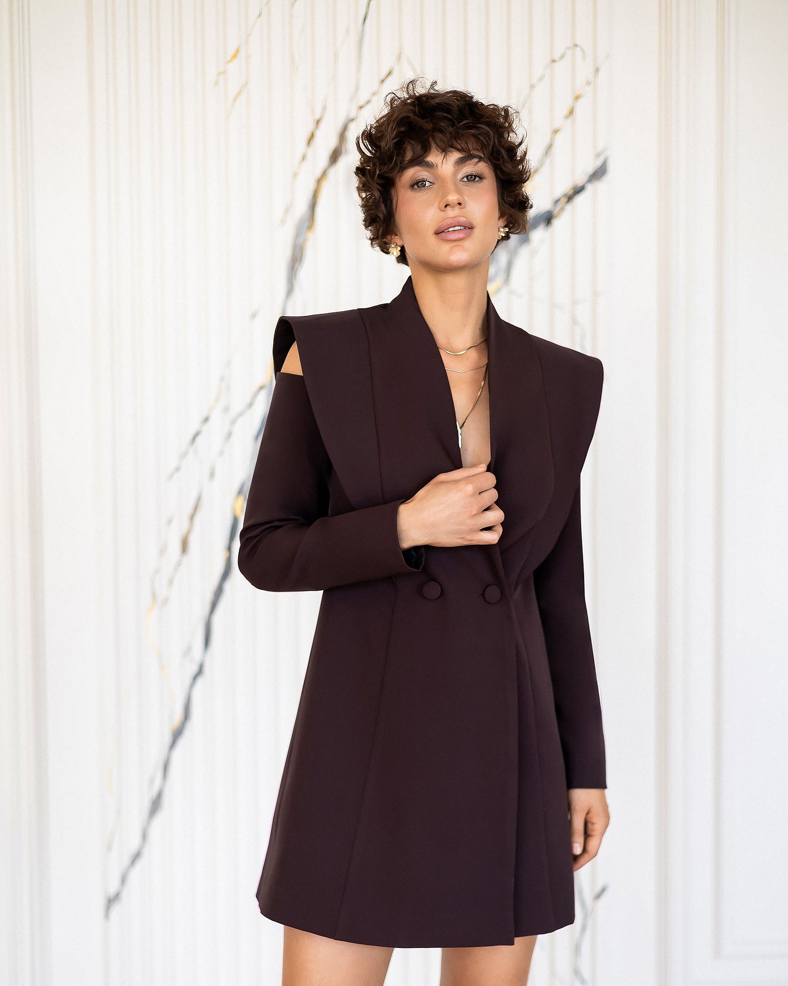 ELAGIA Elara Brown Cut-Out Double-Breasted Blazer Dress front view - 3 piece women's suit purple business suit women