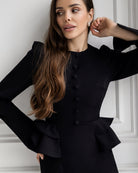 ELAGIA Paola Black Button-Detail Long Sleeve Peplum Midi Dress back view - 3 piece women's suit purple business suit women