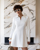 ELAGIA Eva White Collared Long-Sleeve Mini Dress front view - 3 piece women's suit purple business suit women style