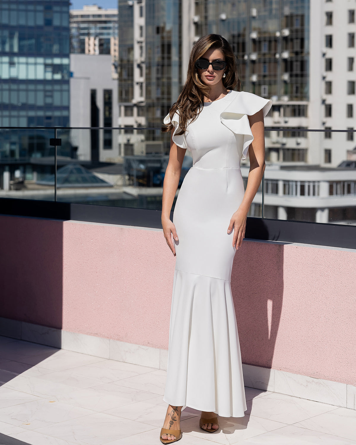 Anthea White Open-Back Ruffle-Sleeve Mermaid Maxi Dress