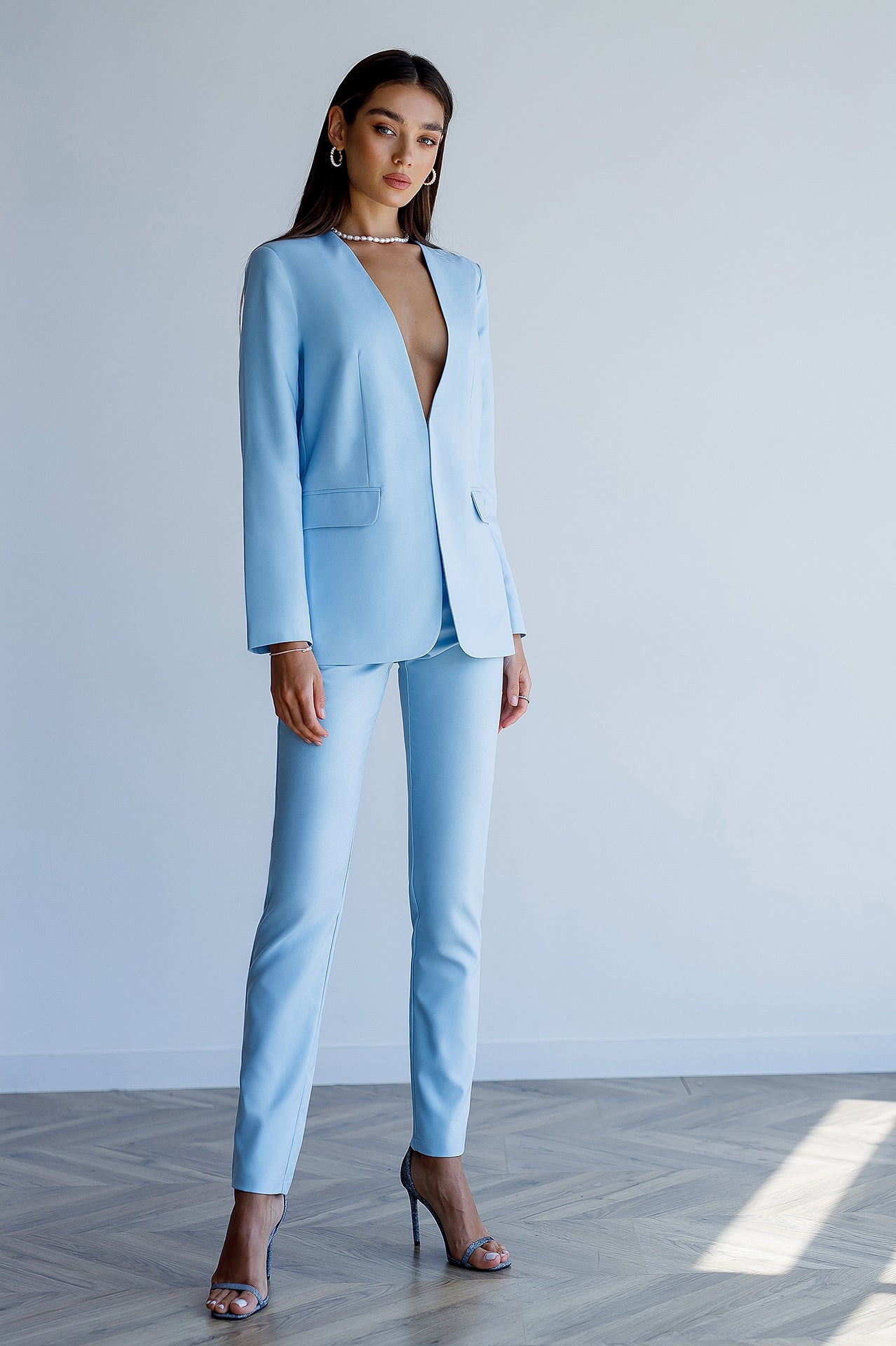 Sky-Blue Collarless Suit 2-Piece