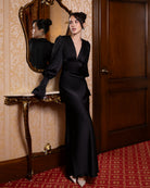 ELAGIA Silvia Black Satin Deep V-Neck Puff-Sleeve Maxi Dress front view - elegant 3 piece women's suit style design