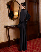 ELAGIA Silvia Black Satin Deep V-Neck Puff-Sleeve Maxi Dress back view - sophisticated purple business suit women inspired