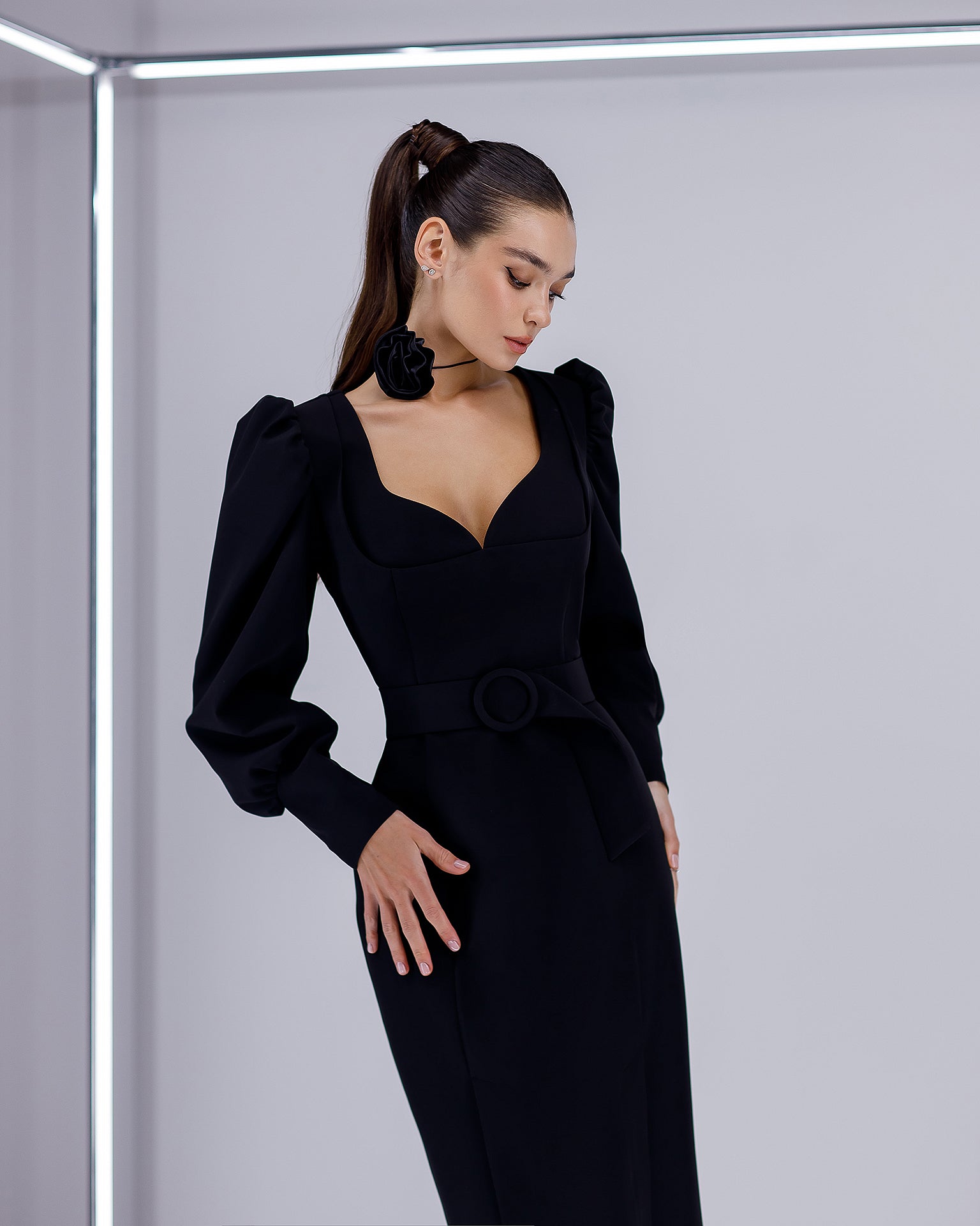 Black Puff-Sleeve Belted Midi Dress