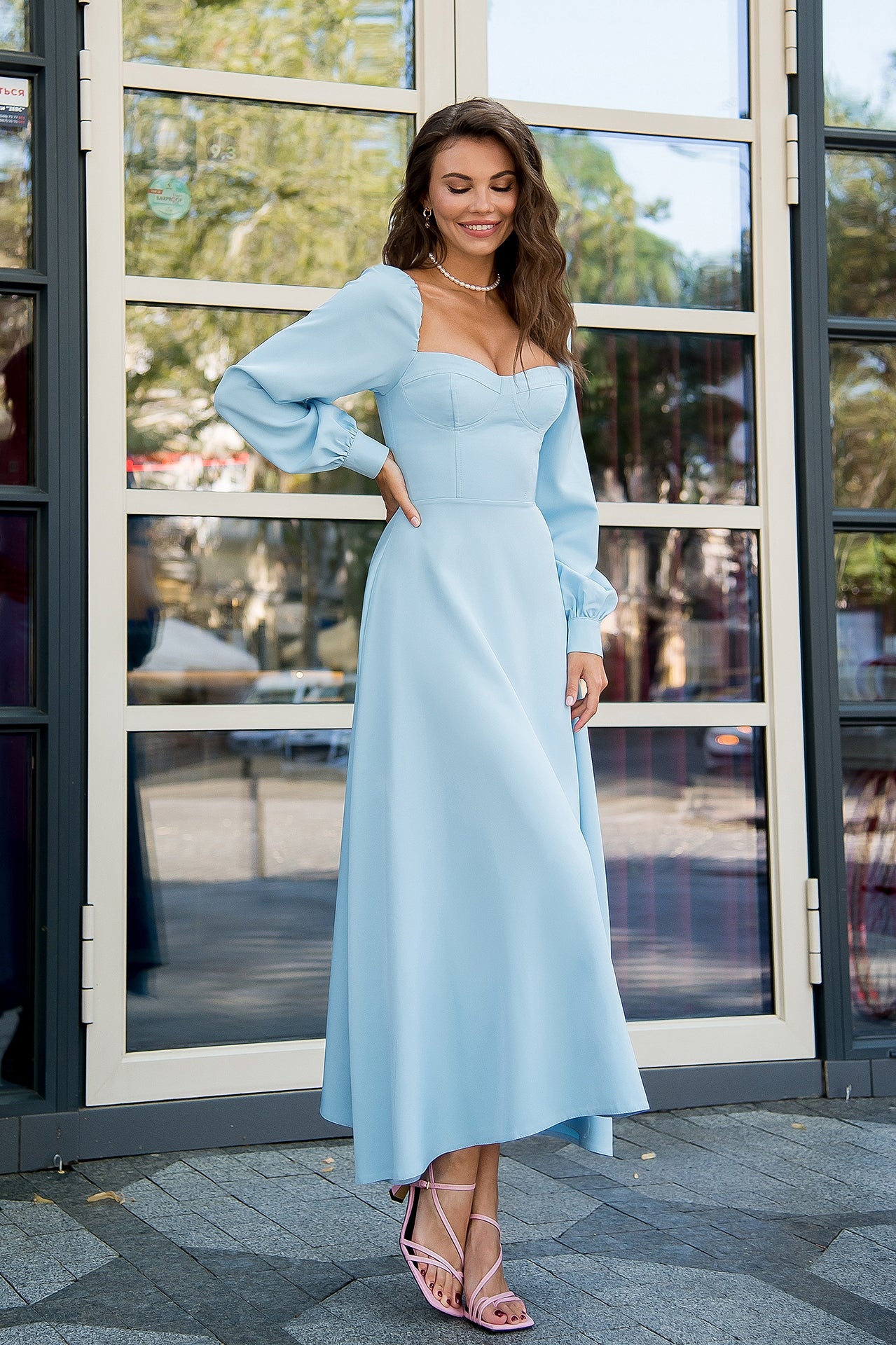 Sky-Blue Puff-Sleeve Midi Dress